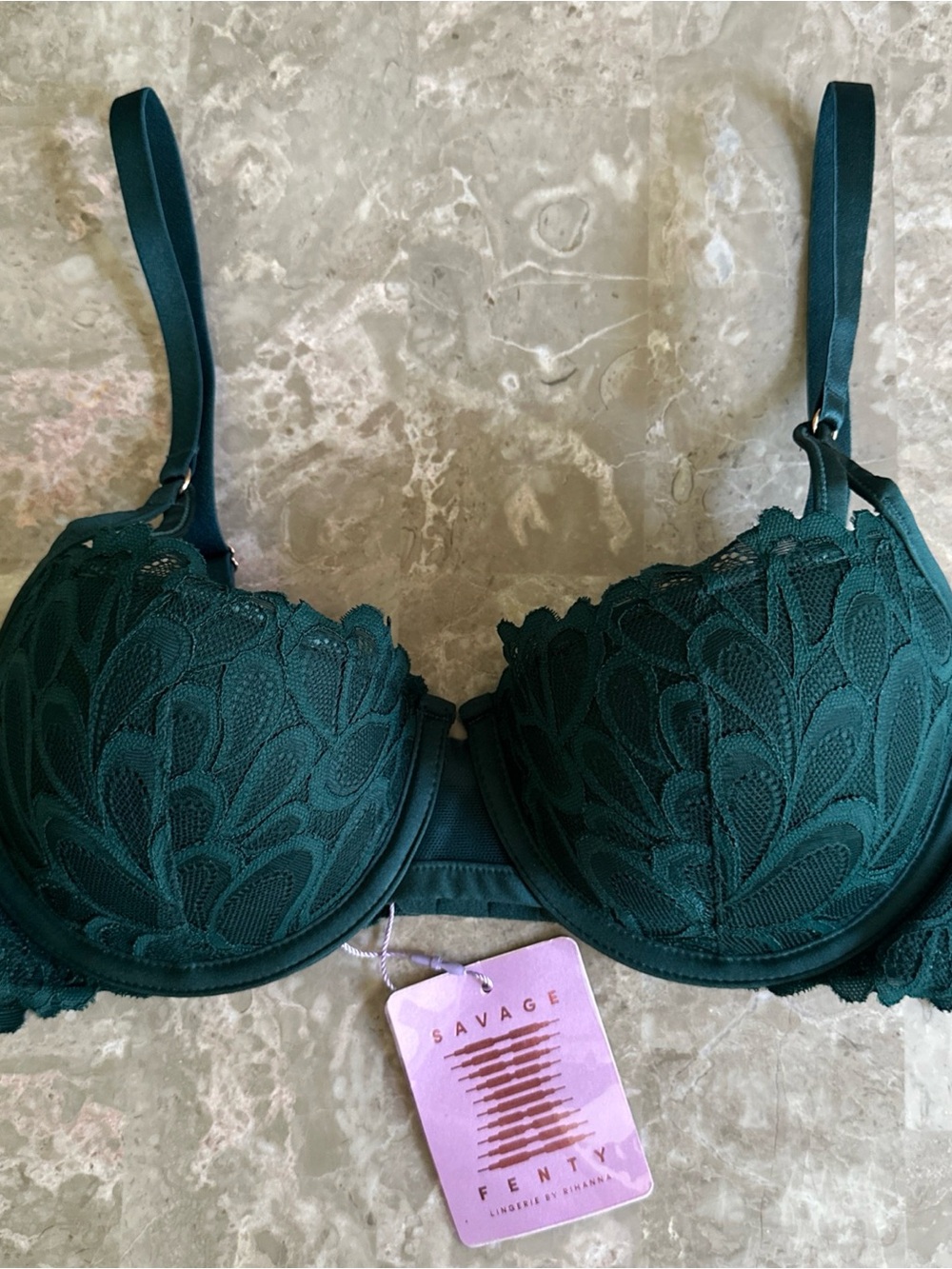 Savage Fenty Lightly Lined Lace Balconette Bra Sz 36 C Emerald Green Underwire